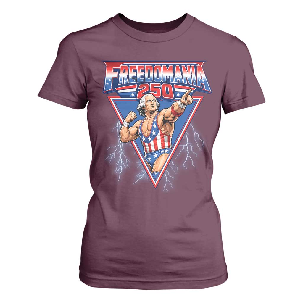 Freedomania 250 George Washington Wrestler Graphic T Shirt For Women Funny Muscular President Lightning 1776 to 2026 Semiquincentennial