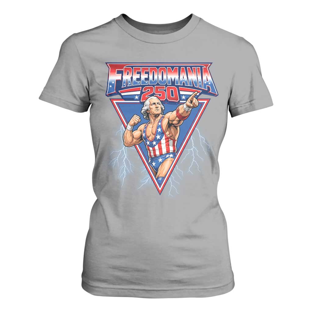 Freedomania 250 George Washington Wrestler Graphic T Shirt For Women Funny Muscular President Lightning 1776 to 2026 Semiquincentennial