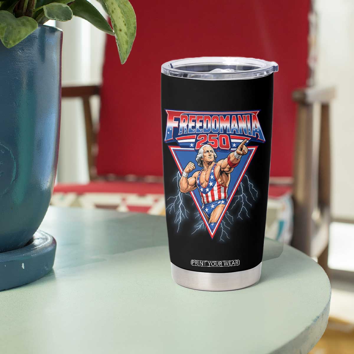 Freedomania 250 George Washington Wrestler Graphic Tumbler Cup Funny Muscular President Lightning 1776 to 2026 Semiquincentennial