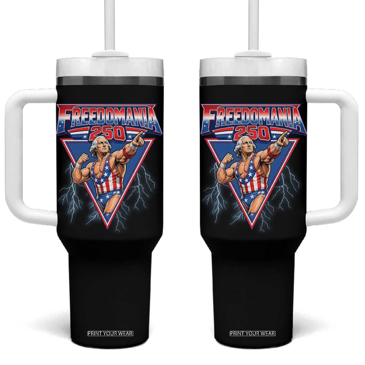 Freedomania 250 George Washington Wrestler Graphic Tumbler With Handle Funny Muscular President Lightning 1776 to 2026 Semiquincentennial