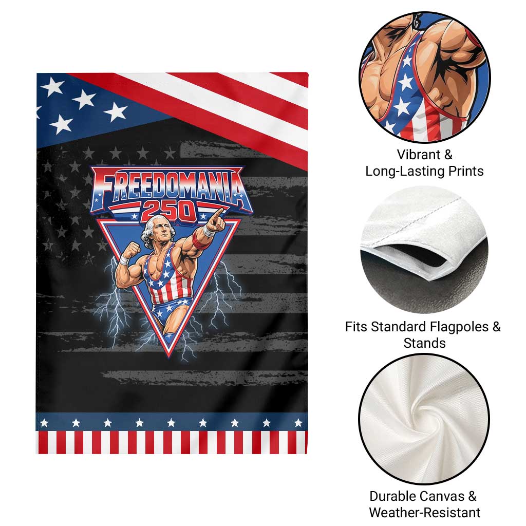 Freedomania 250 George Washington Wrestler Graphic Patriotic Garden Flag Funny Muscular President Lightning 1776 to 2026 Semiquincentennial