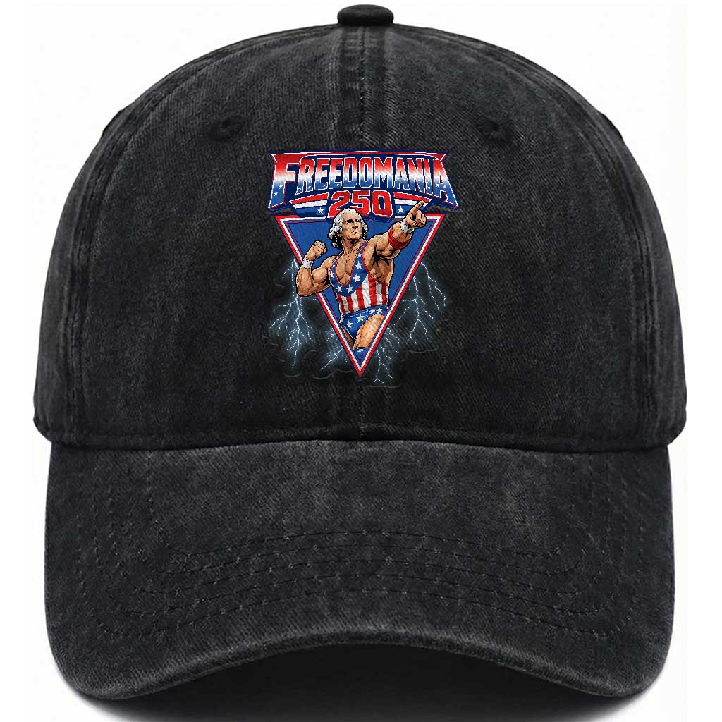 Freedomania 250 George Washington Wrestler Graphic Washed Cotton Baseball Cap Funny Muscular President Lightning 1776 to 2026 Semiquincentennial