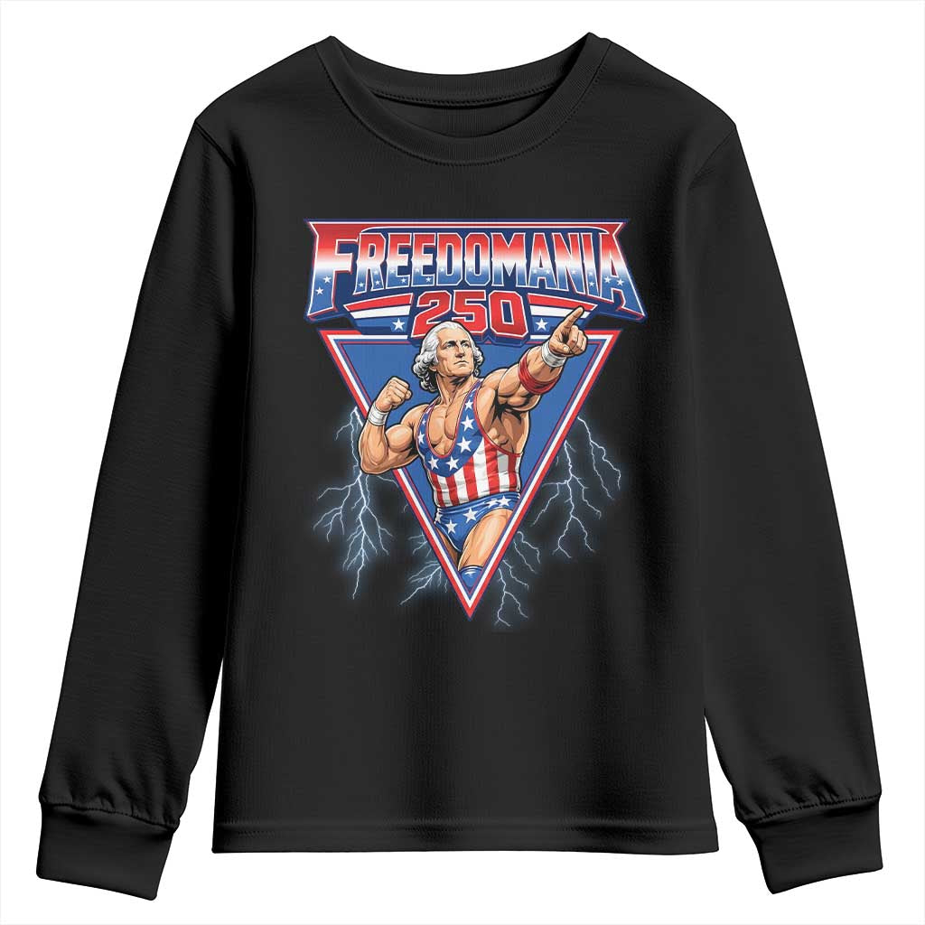 Freedomania 250 George Washington Wrestler Graphic Youth Sweatshirt Funny Muscular President Lightning 1776 to 2026 Semiquincentennial