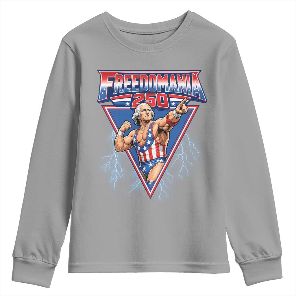 Freedomania 250 George Washington Wrestler Graphic Youth Sweatshirt Funny Muscular President Lightning 1776 to 2026 Semiquincentennial