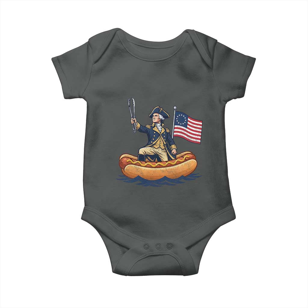 George Washington Crossing The Delaware on Hot Dog Boat Baby Onesie Funny BBQ Party 4th of July Graphic