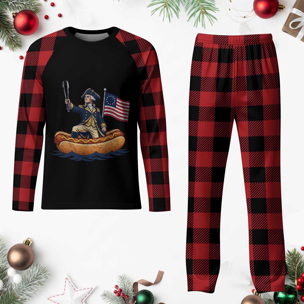 George Washington Crossing The Delaware on Hot Dog Boat Plaid Pajama Set Funny BBQ Party 4th of July Graphic