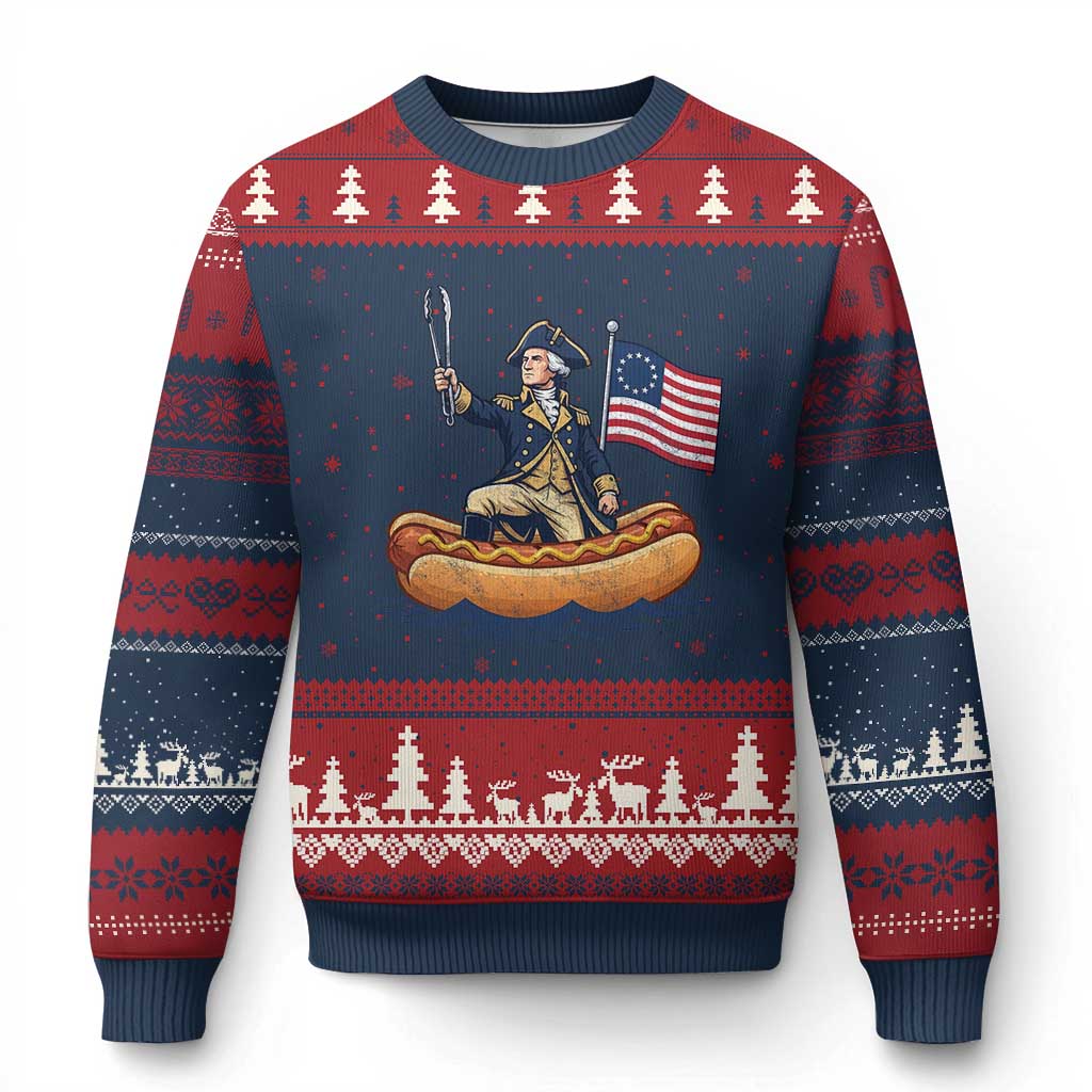 George Washington Crossing The Delaware on Hot Dog Boat Ugly Christmas Sweater Funny BBQ Party 4th of July Graphic TS02 Navy Red Print Your Wear