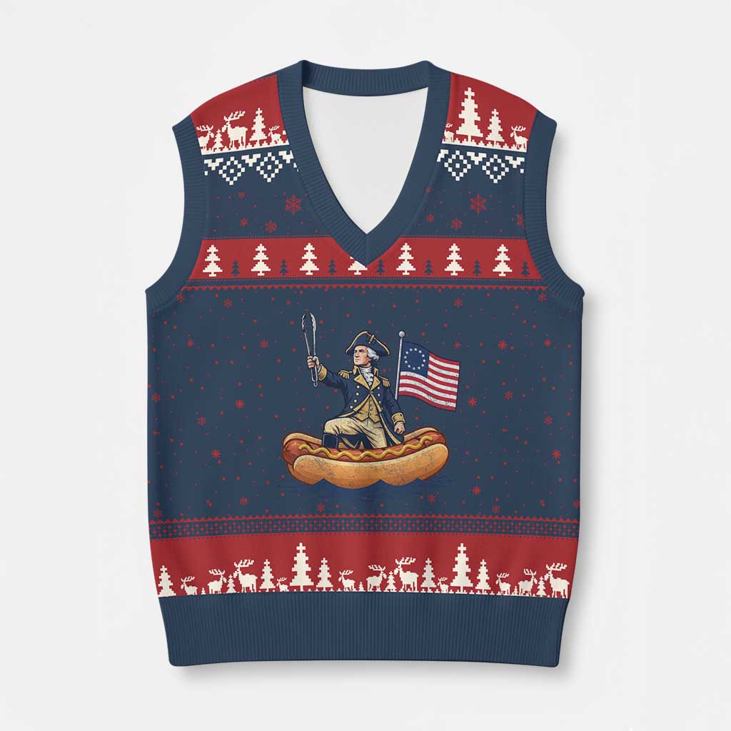 George Washington Crossing The Delaware on Hot Dog Boat V-Neck Knit Sweater Vest Funny BBQ Party 4th of July Graphic TS02 Navy Red Print Your Wear