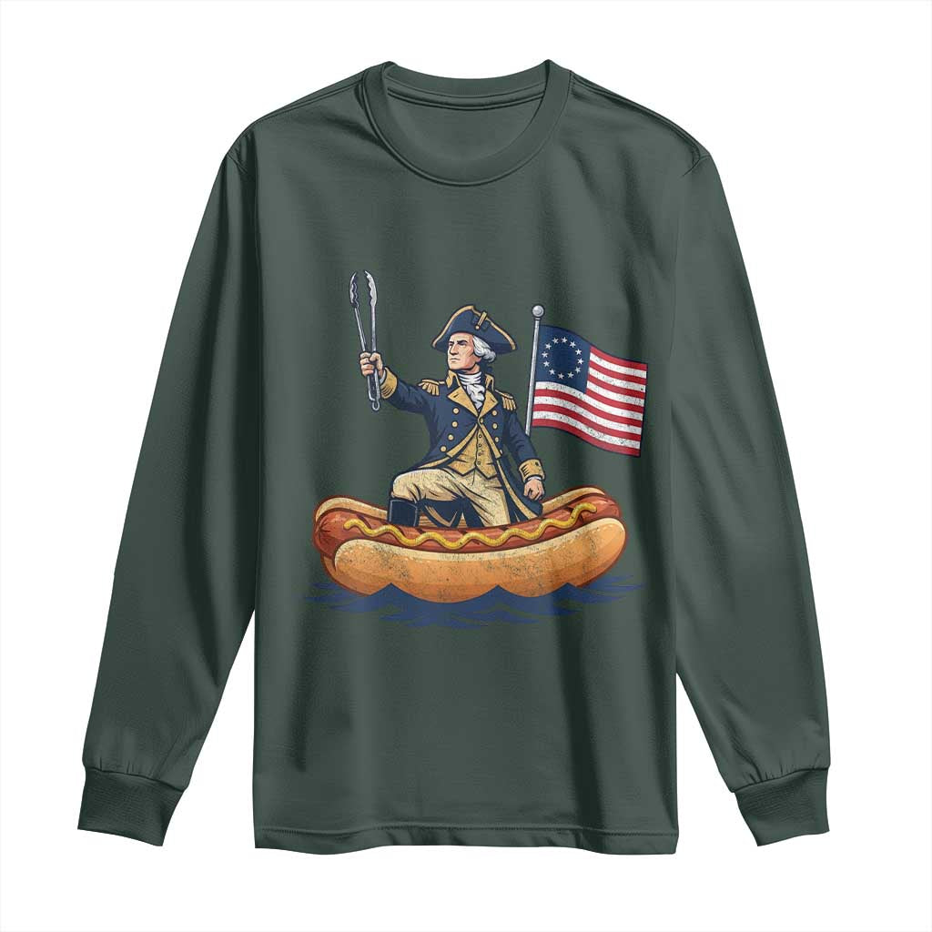 George Washington Crossing The Delaware on Hot Dog Boat Long Sleeve Shirt Funny BBQ Party 4th of July Graphic