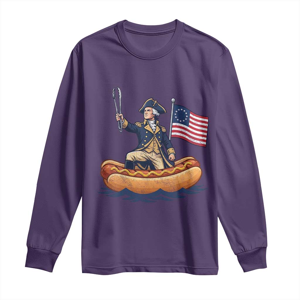 George Washington Crossing The Delaware on Hot Dog Boat Long Sleeve Shirt Funny BBQ Party 4th of July Graphic