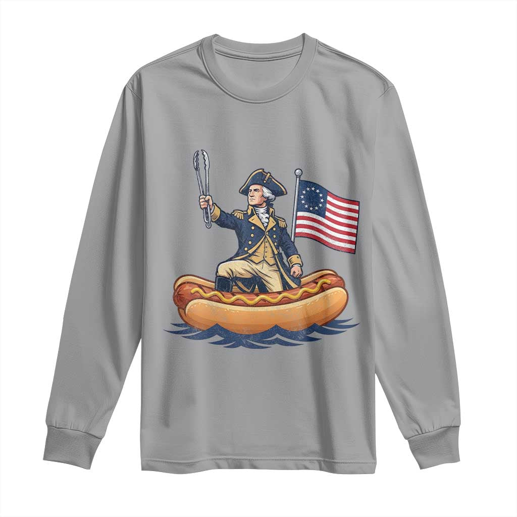 George Washington Crossing The Delaware on Hot Dog Boat Long Sleeve Shirt Funny BBQ Party 4th of July Graphic