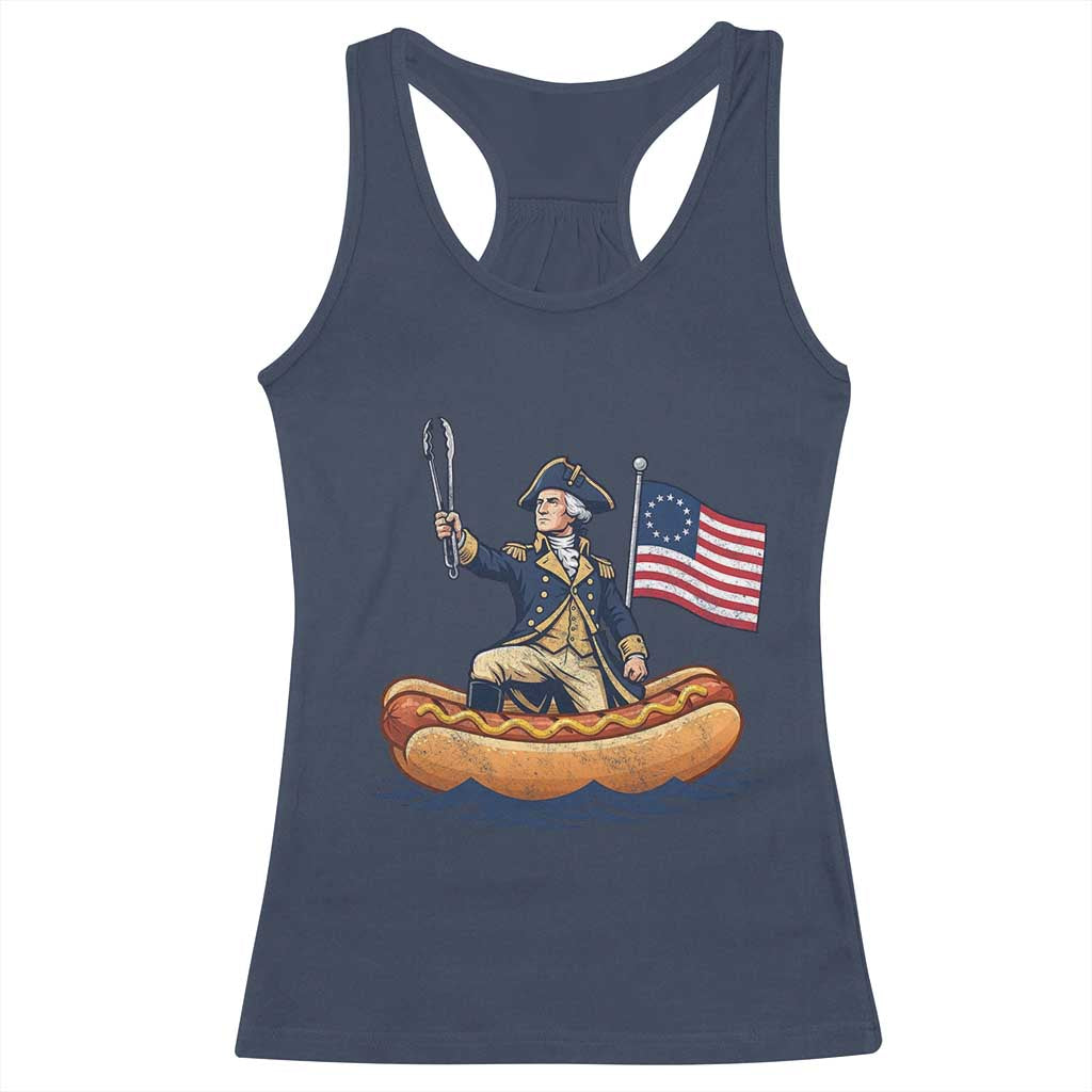George Washington Crossing The Delaware on Hot Dog Boat Racerback Tank Top Funny BBQ Party 4th of July Graphic