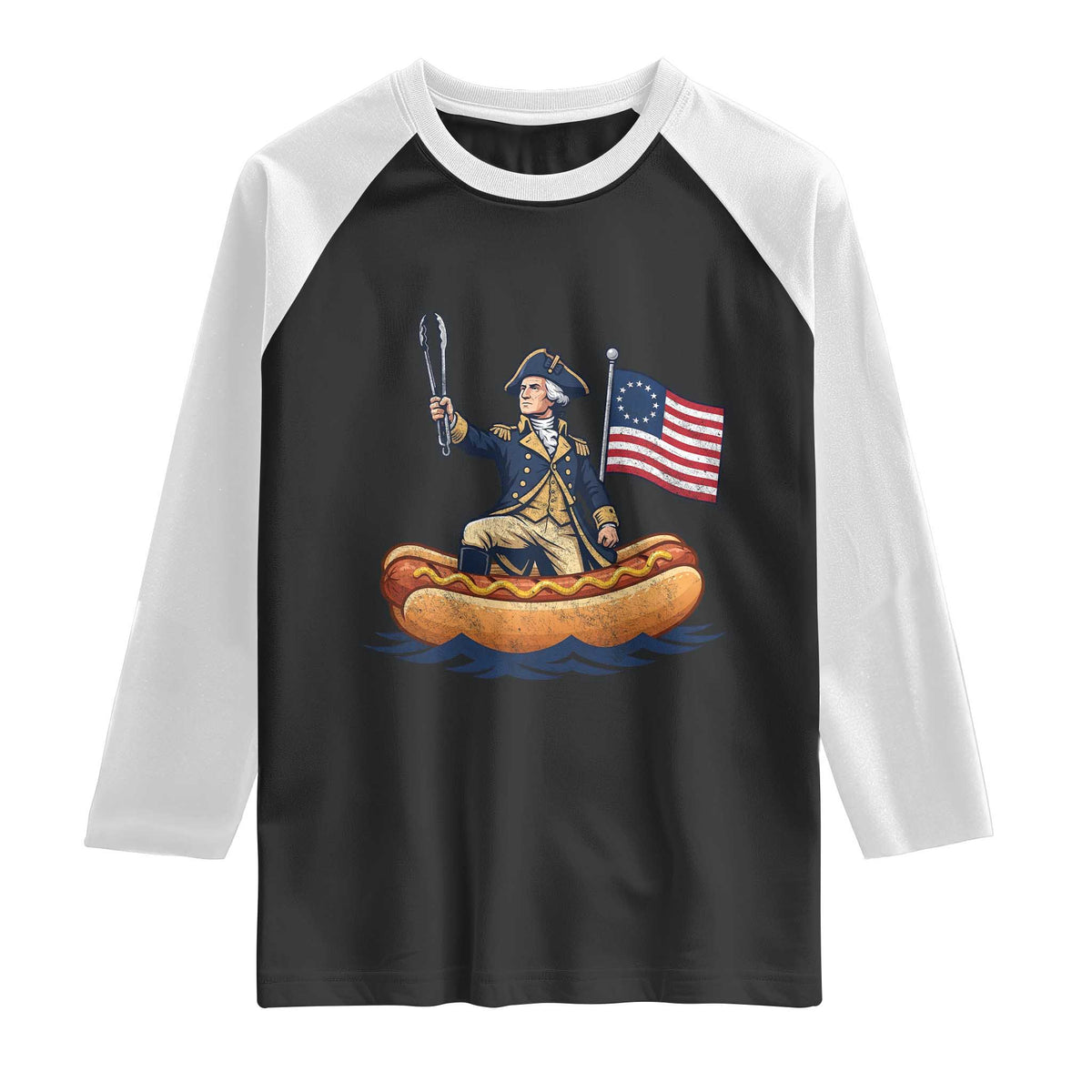 George Washington Crossing The Delaware on Hot Dog Boat Raglan Shirt Funny BBQ Party 4th of July Graphic