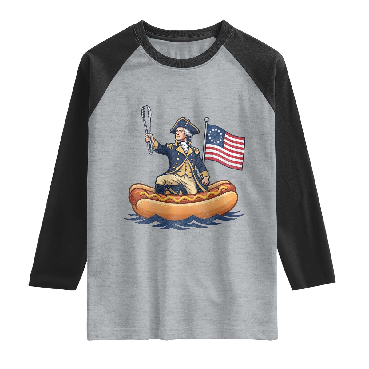 George Washington Crossing The Delaware on Hot Dog Boat Raglan Shirt Funny BBQ Party 4th of July Graphic