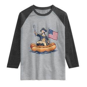 George Washington Crossing The Delaware on Hot Dog Boat Raglan Shirt Funny BBQ Party 4th of July Graphic