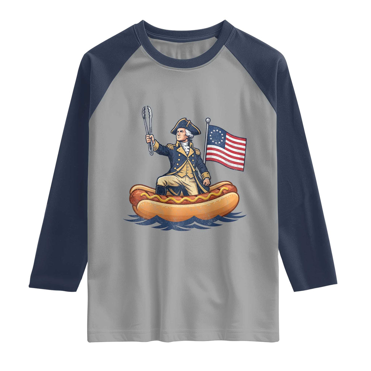 George Washington Crossing The Delaware on Hot Dog Boat Raglan Shirt Funny BBQ Party 4th of July Graphic