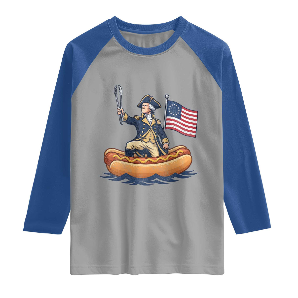 George Washington Crossing The Delaware on Hot Dog Boat Raglan Shirt Funny BBQ Party 4th of July Graphic