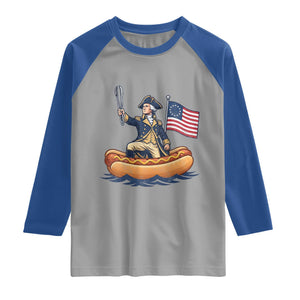 George Washington Crossing The Delaware on Hot Dog Boat Raglan Shirt Funny BBQ Party 4th of July Graphic