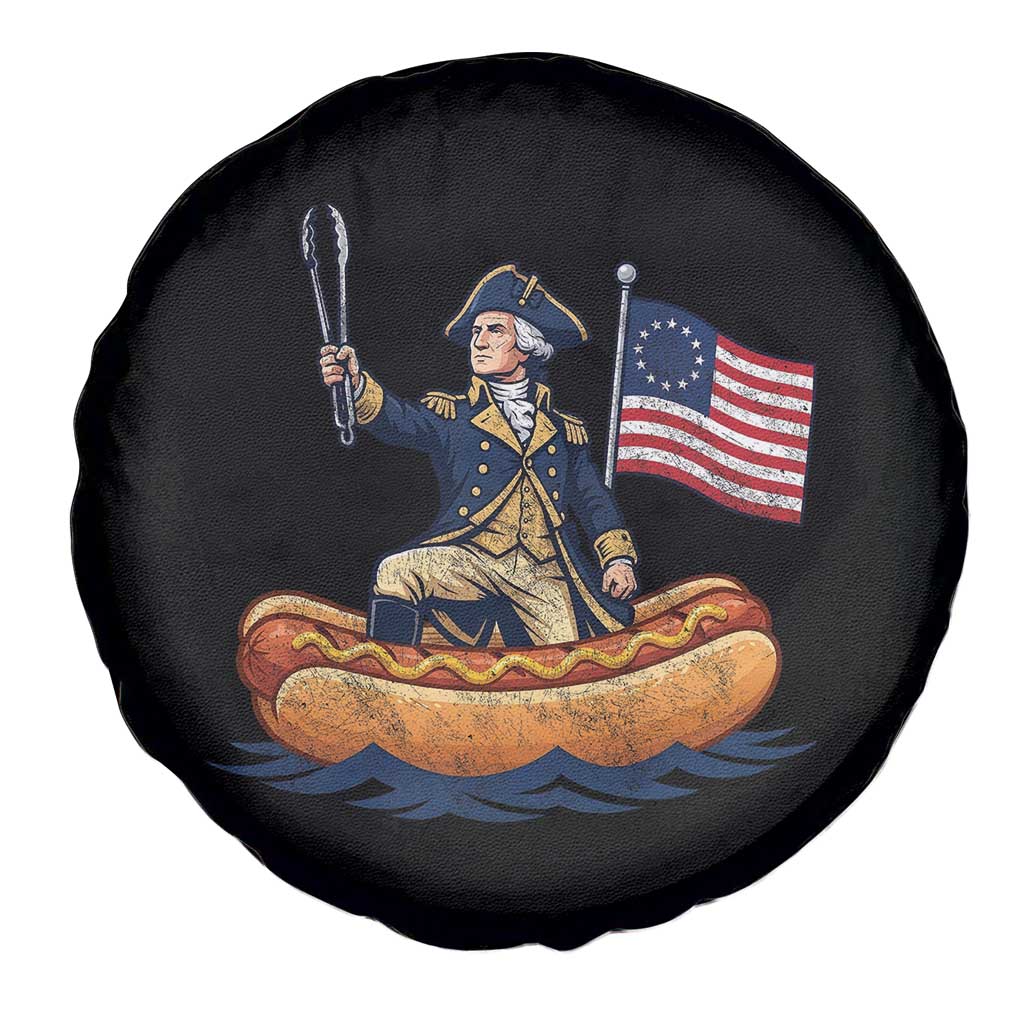 George Washington Crossing The Delaware on Hot Dog Boat Spare Tire Cover Funny BBQ Party 4th of July Graphic