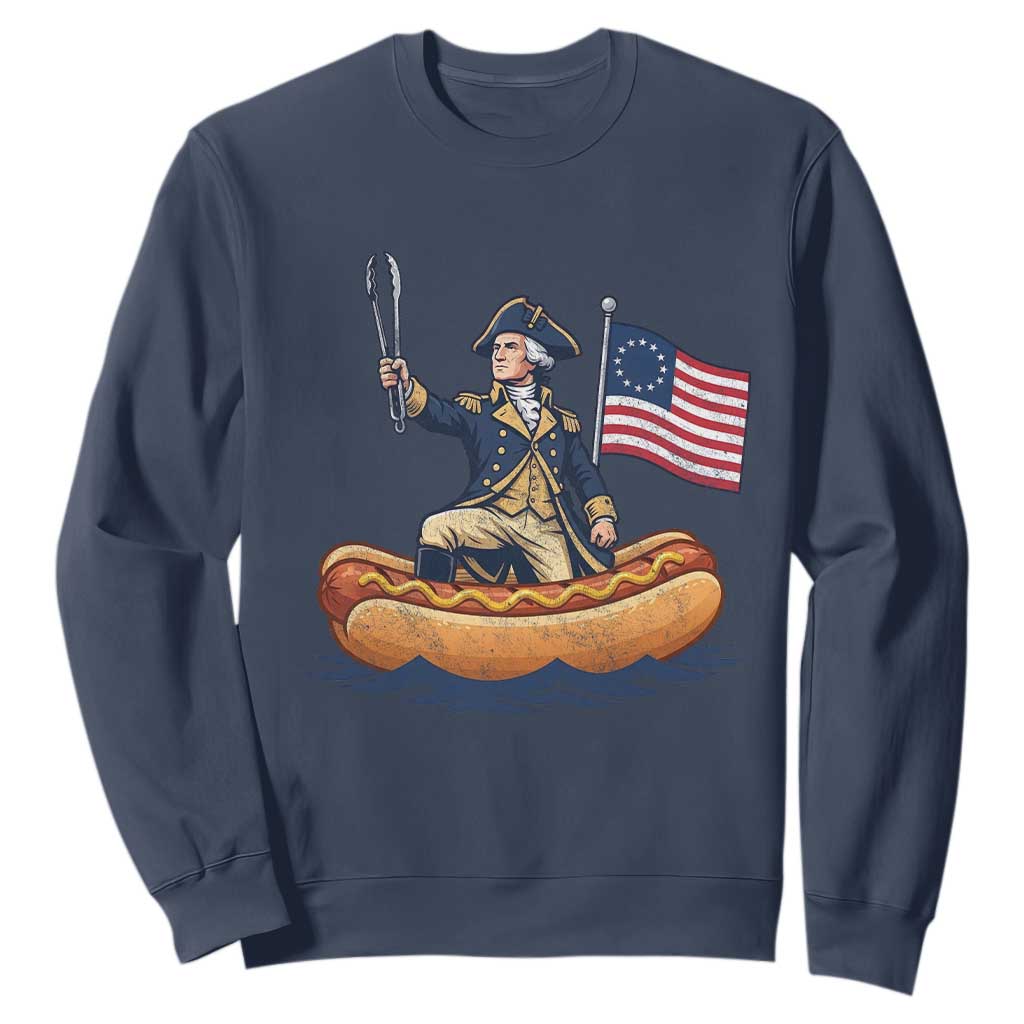 George Washington Crossing The Delaware on Hot Dog Boat Sweatshirt Funny BBQ Party 4th of July Graphic
