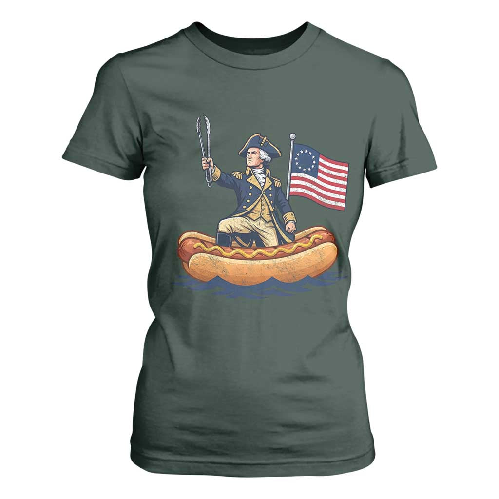 George Washington Crossing The Delaware on Hot Dog Boat T Shirt For Women Funny BBQ Party 4th of July Graphic