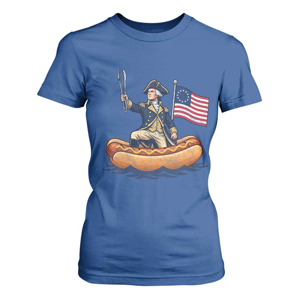 George Washington Crossing The Delaware on Hot Dog Boat T Shirt For Women Funny BBQ Party 4th of July Graphic