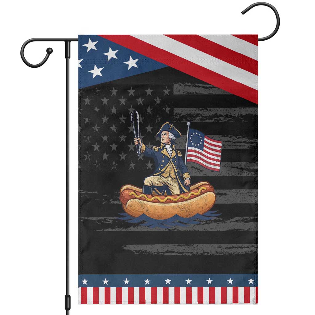 George Washington Crossing The Delaware on Hot Dog Boat Patriotic Garden Flag Funny BBQ Party 4th of July Graphic TS02 Distressed Black Blue Print Your Wear