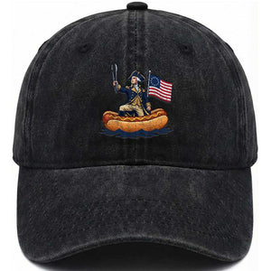 George Washington Crossing The Delaware on Hot Dog Boat Washed Cotton Baseball Cap Funny BBQ Party 4th of July Graphic