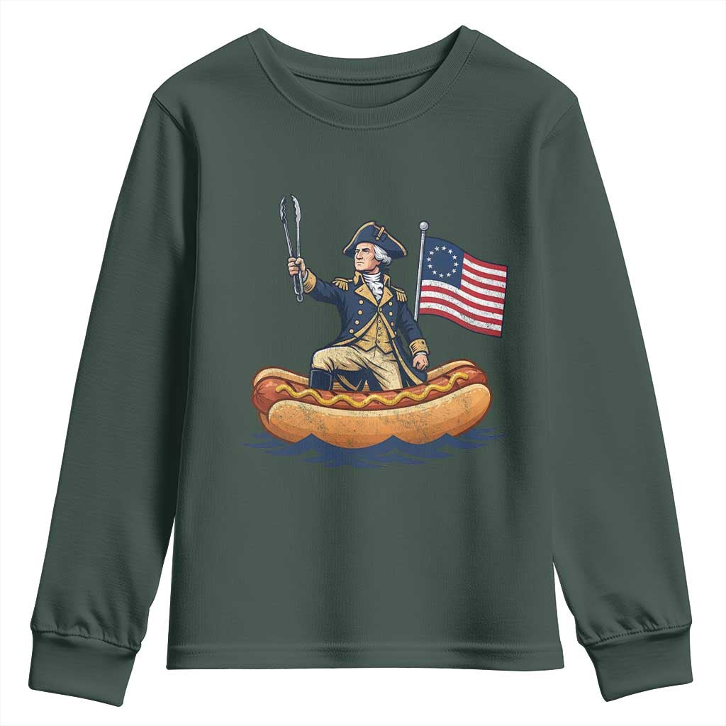 George Washington Crossing The Delaware on Hot Dog Boat Youth Sweatshirt Funny BBQ Party 4th of July Graphic