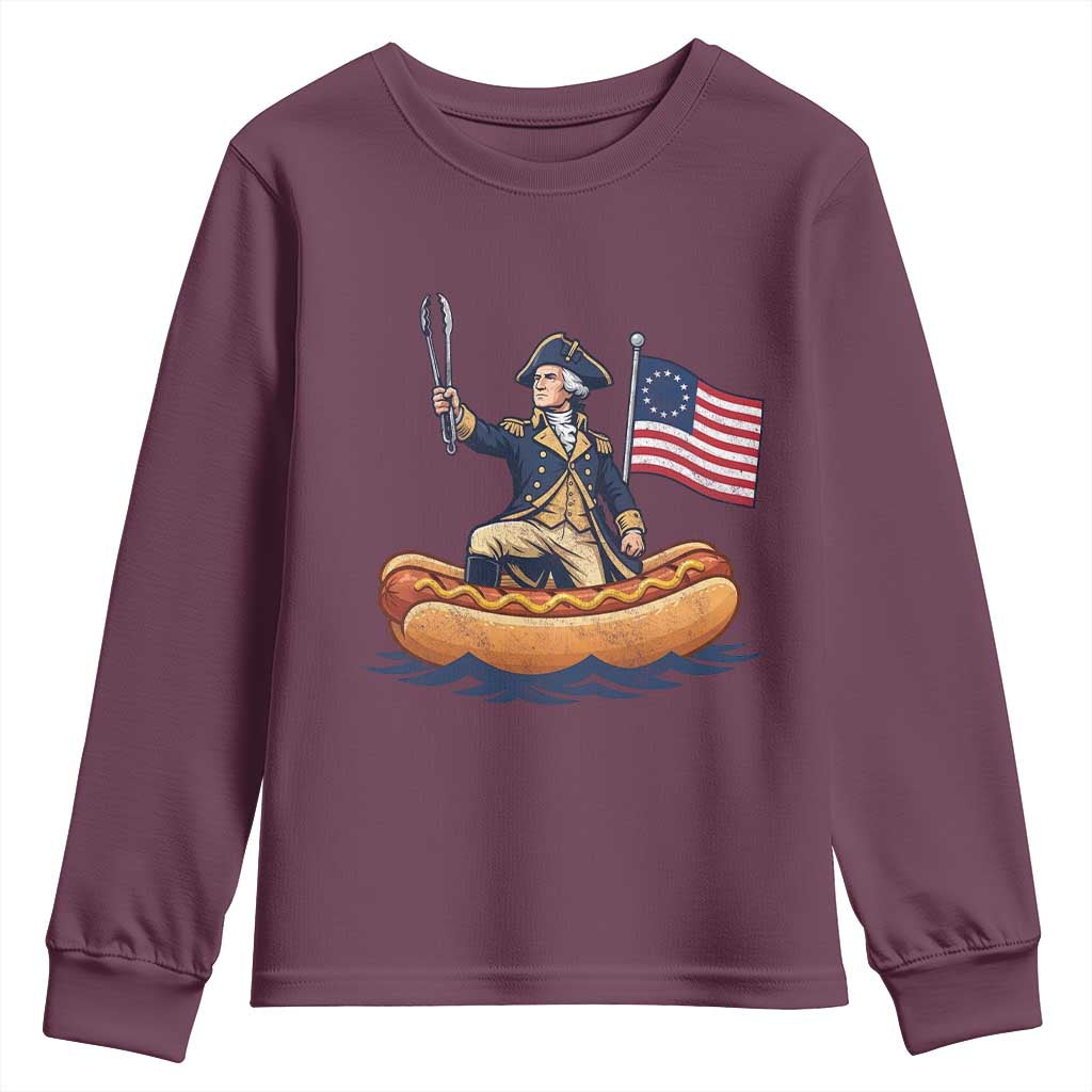 George Washington Crossing The Delaware on Hot Dog Boat Youth Sweatshirt Funny BBQ Party 4th of July Graphic