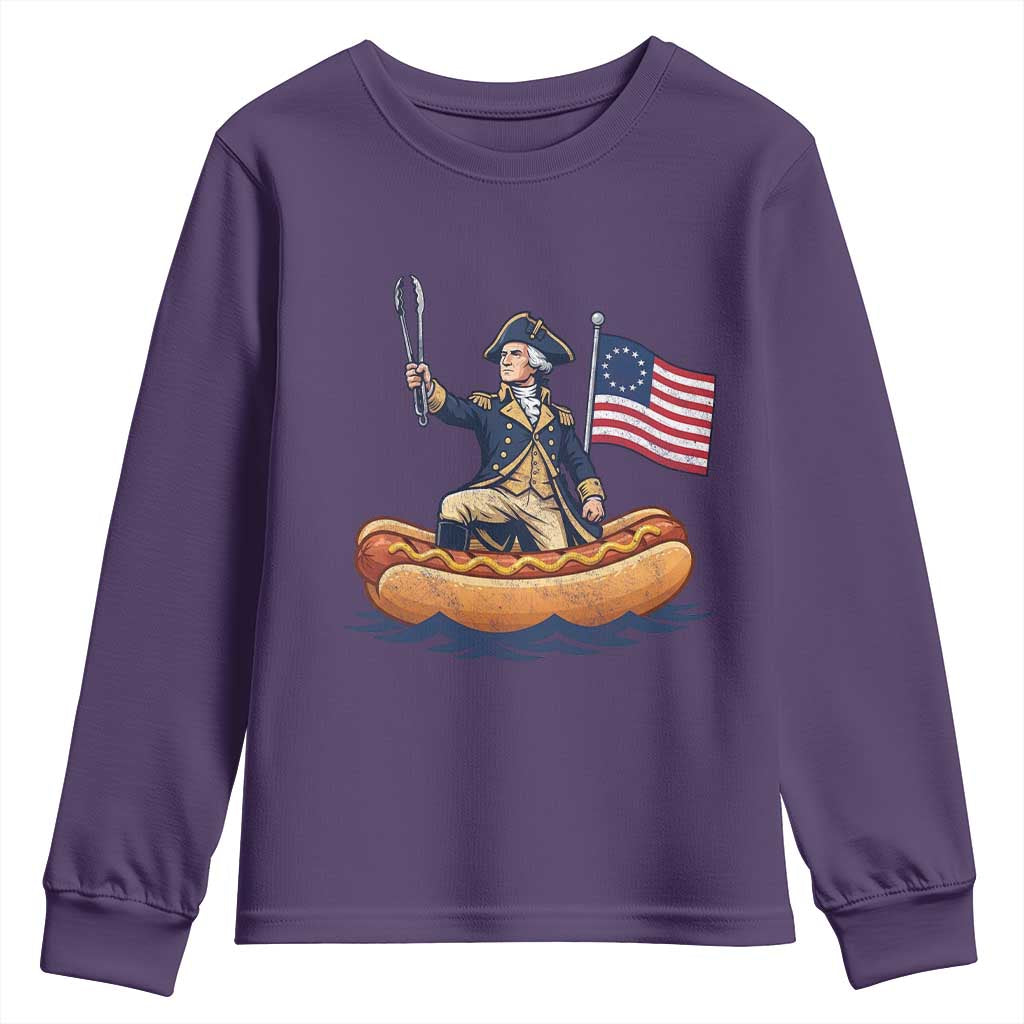 George Washington Crossing The Delaware on Hot Dog Boat Youth Sweatshirt Funny BBQ Party 4th of July Graphic
