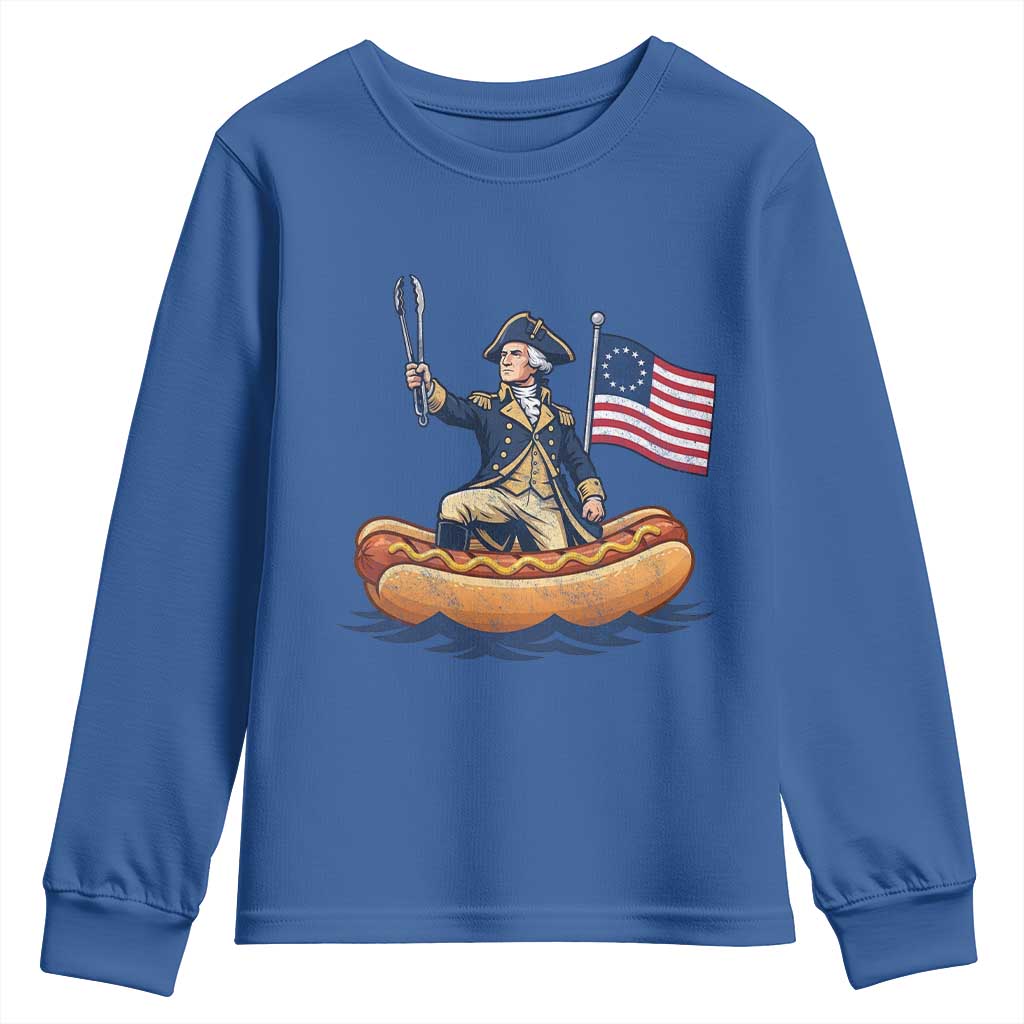George Washington Crossing The Delaware on Hot Dog Boat Youth Sweatshirt Funny BBQ Party 4th of July Graphic