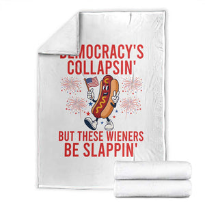 Funny Patriotic Hotdog Cartoon 4th of July Fireworks Throw Blanket Democracys Collapsin But These Wieners Be Slappin