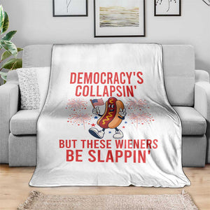 Funny Patriotic Hotdog Cartoon 4th of July Fireworks Throw Blanket Democracys Collapsin But These Wieners Be Slappin