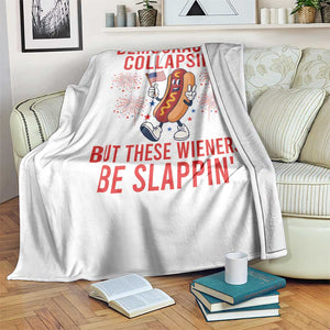 Funny Patriotic Hotdog Cartoon 4th of July Fireworks Throw Blanket Democracys Collapsin But These Wieners Be Slappin