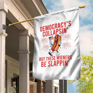 Funny Patriotic Hotdog Cartoon 4th of July Fireworks Garden Flag Democracys Collapsin But These Wieners Be Slappin