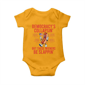 Funny Patriotic Hotdog Cartoon 4th of July Fireworks Baby Onesie Democracys Collapsin But These Wieners Be Slappin
