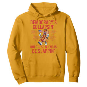 Funny Patriotic Hotdog Cartoon 4th of July Fireworks Hoodie Democracys Collapsin But These Wieners Be Slappin
