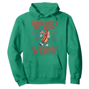 Funny Patriotic Hotdog Cartoon 4th of July Fireworks Hoodie Democracys Collapsin But These Wieners Be Slappin