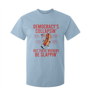 Funny Patriotic Hotdog Cartoon 4th of July Fireworks T Shirt For Kid Democracys Collapsin But These Wieners Be Slappin