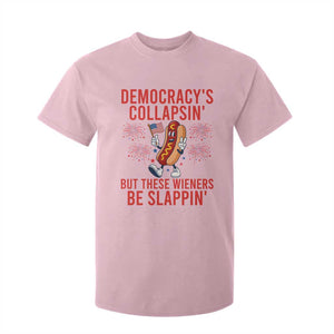 Funny Patriotic Hotdog Cartoon 4th of July Fireworks T Shirt For Kid Democracys Collapsin But These Wieners Be Slappin