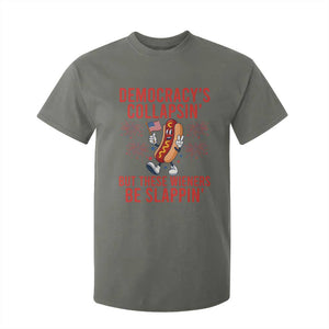 Funny Patriotic Hotdog Cartoon 4th of July Fireworks T Shirt For Kid Democracys Collapsin But These Wieners Be Slappin