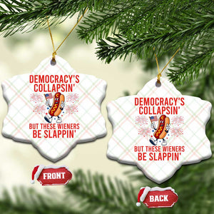 Funny Patriotic Hotdog Cartoon 4th of July Fireworks Ceramic Ornament Democracys Collapsin But These Wieners Be Slappin
