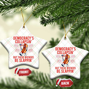 Funny Patriotic Hotdog Cartoon 4th of July Fireworks Ceramic Ornament Democracys Collapsin But These Wieners Be Slappin
