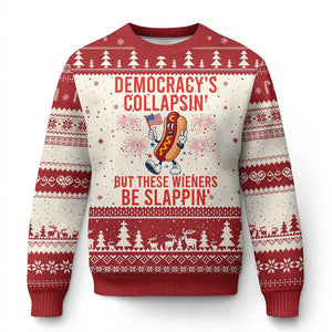 Funny Patriotic Hotdog Cartoon 4th of July Fireworks Ugly Christmas Sweater Democracys Collapsin But These Wieners Be Slappin