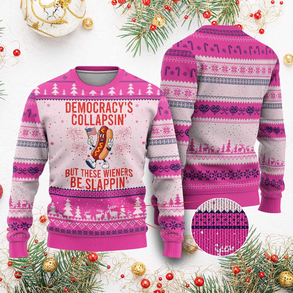 Funny Patriotic Hotdog Cartoon 4th of July Fireworks Ugly Christmas Sweater Democracys Collapsin But These Wieners Be Slappin