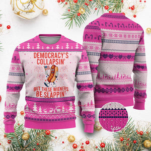Funny Patriotic Hotdog Cartoon 4th of July Fireworks Ugly Christmas Sweater Democracys Collapsin But These Wieners Be Slappin