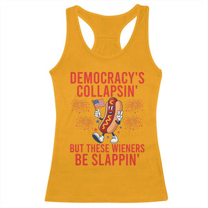 Funny Patriotic Hotdog Cartoon 4th of July Fireworks Racerback Tank Top Democracys Collapsin But These Wieners Be Slappin