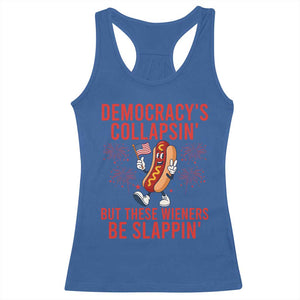 Funny Patriotic Hotdog Cartoon 4th of July Fireworks Racerback Tank Top Democracys Collapsin But These Wieners Be Slappin