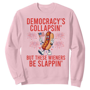 Funny Patriotic Hotdog Cartoon 4th of July Fireworks Sweatshirt Democracys Collapsin But These Wieners Be Slappin